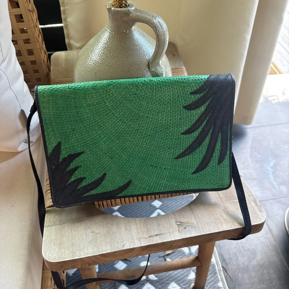 Vintage Green rattan Crossbody Bag with Black Accents